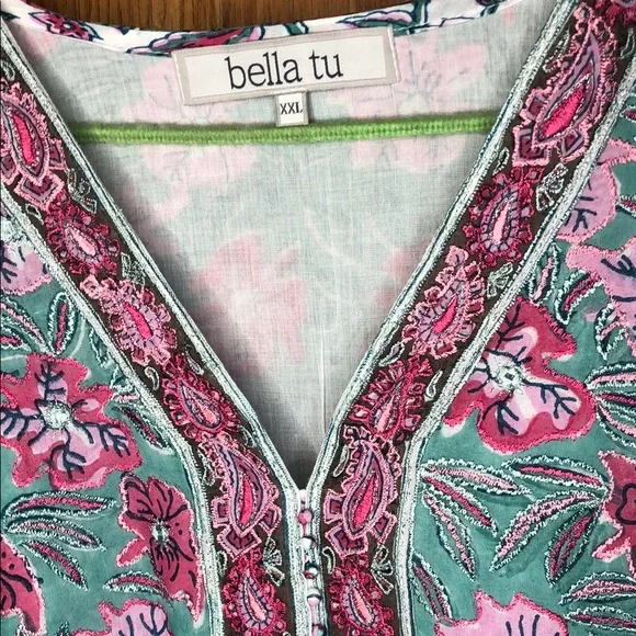 Bella tu XXL Pink and Green Tiered V-Neck Dress Resort Style with Bishop Sleeves - Picture 2 of 12